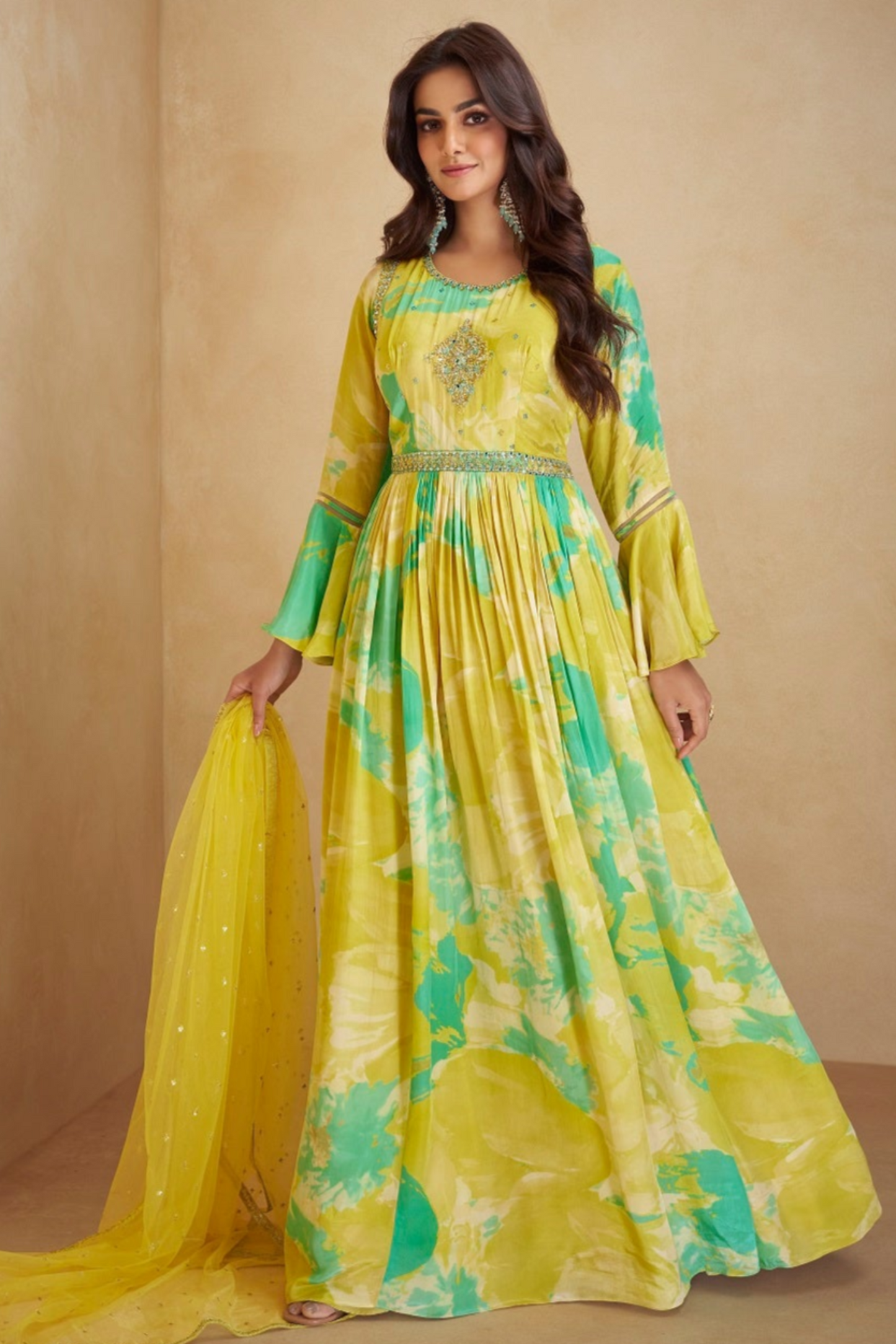 Yellow Color Chinon Silk Short Length Flower Printed Anarkali Dupatta Gown Suit