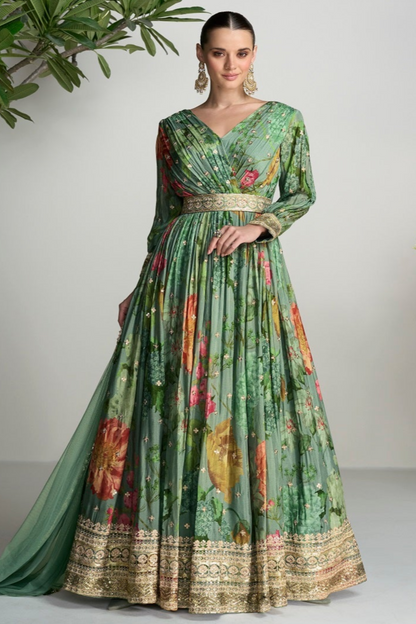 Indian Wedding Green Color Chinon Silk Floor Full Length Flower Floral Printed Anarkali Gown Suit