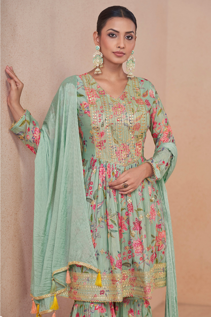 Ramdan special Party Wear Embroidery Worked Short Lengh Top with Sharara Dupatta Suit