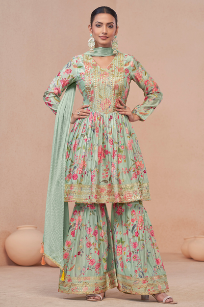 Ramdan special Party Wear Embroidery Worked Short Lengh Top with Sharara Dupatta Suit