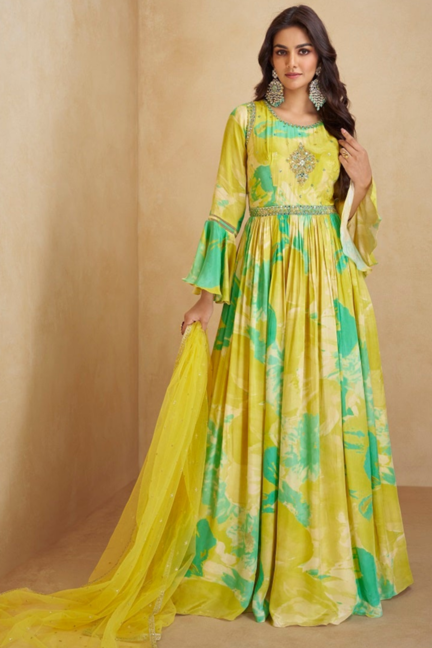 Yellow Color Chinon Silk Short Length Flower Printed Anarkali Dupatta Gown Suit