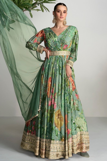 Indian Wedding Green Color Chinon Silk Floor Full Length Flower Floral Printed Anarkali Gown Suit