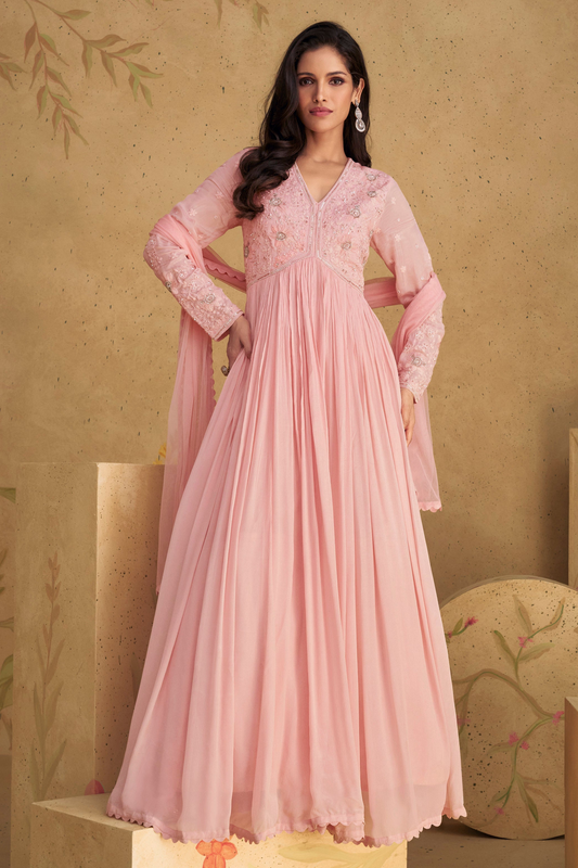 Gorgeous Women's New Anarkali Gown Pink Color Eid-Ramadan Function Wear Long Gown Dresses