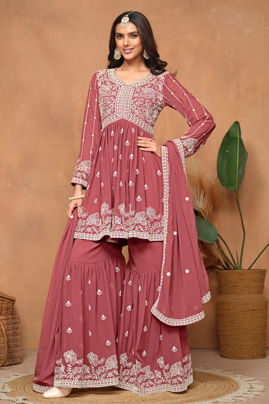 Heavy Embroidery Worked Stylish Stright Function Party Wear Salwar Kameez Sharara Dupatta Suit