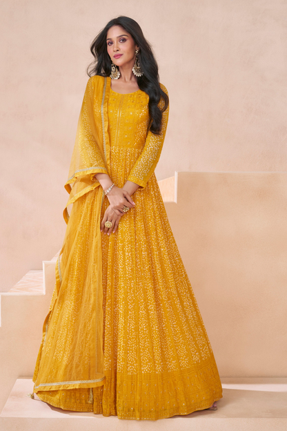 Yellow Floor Full Length Anarkali Dress For Indian Pakistani & Wedding Embroidery Work