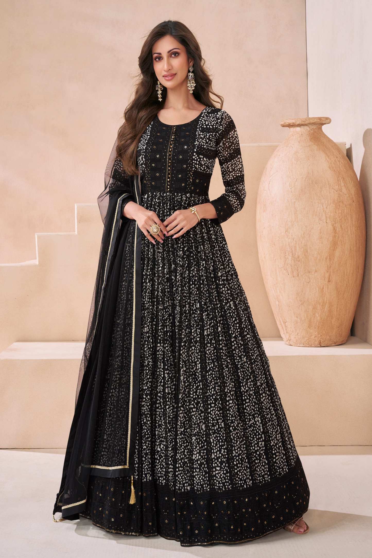 Black Georgette Floor Full Length Anarkali Suit Dress For Indian Festivals & Wedding Embroidery Work