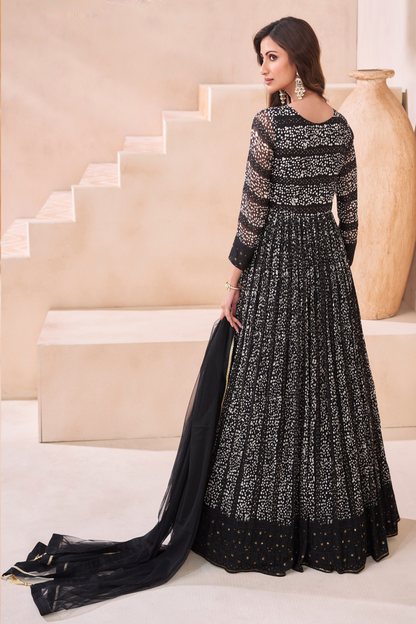 Black Georgette Floor Full Length Anarkali Suit Dress For Indian Festivals & Wedding Embroidery Work