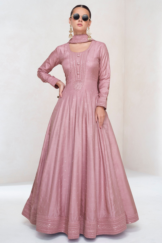 Mauve Pink Silk Anarkali Gown Suit For Indian Pakistani Festivals Weddings Embroidery Work