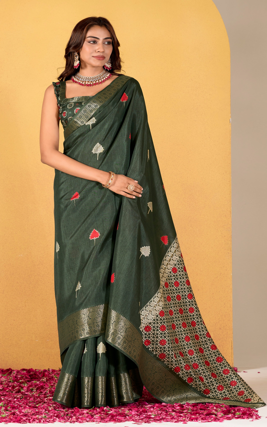 Dark green soft Dola Silk With Foil Print Saree Collection