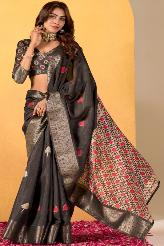 Chocolate soft Dola Silk With Foil Print Saree Collection