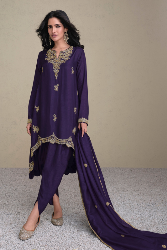 Navy Blue Real Silk Dhoti with Kameez Suit For Indian Festivals & Wedding Embroidery Work