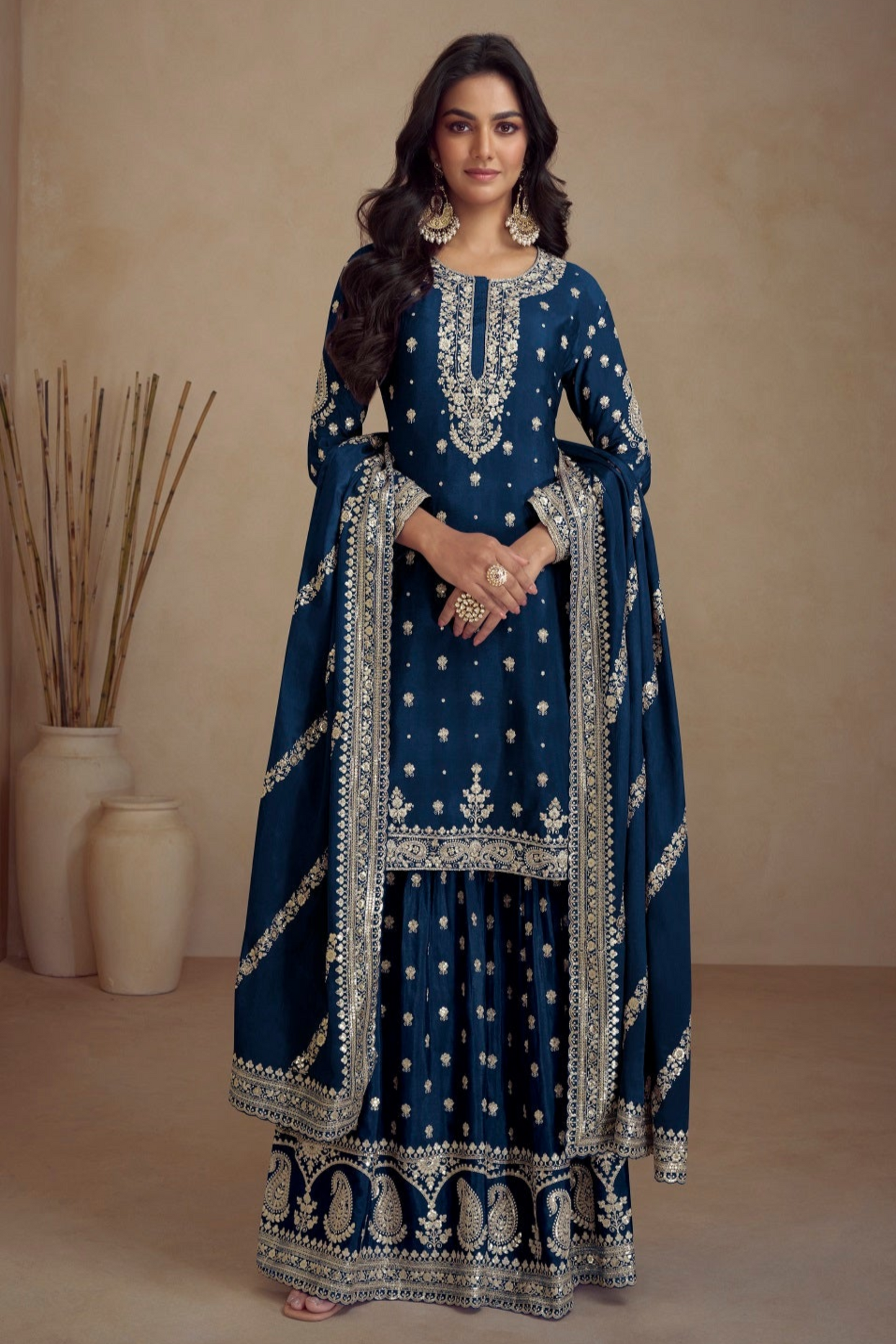 Beautiful Designer Embroidery Worked Heavy Sharara Palazzo Kameez Dupatta Dresses