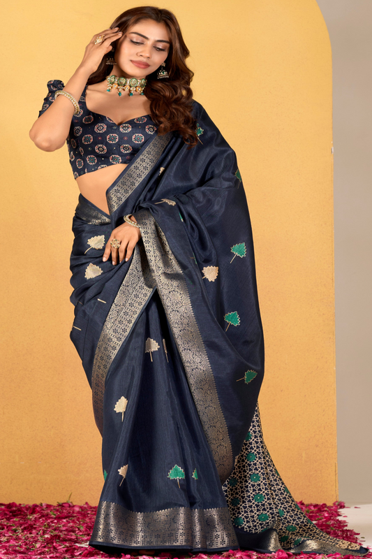 Dark blue soft Dola Silk With Foil Print Saree Collection