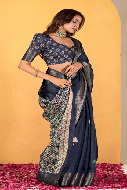 Dark blue soft Dola Silk With Foil Print Saree Collection