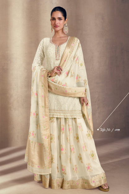 Traditional Salwar Kameez Sharara with Stunning Print and Embroidery Work