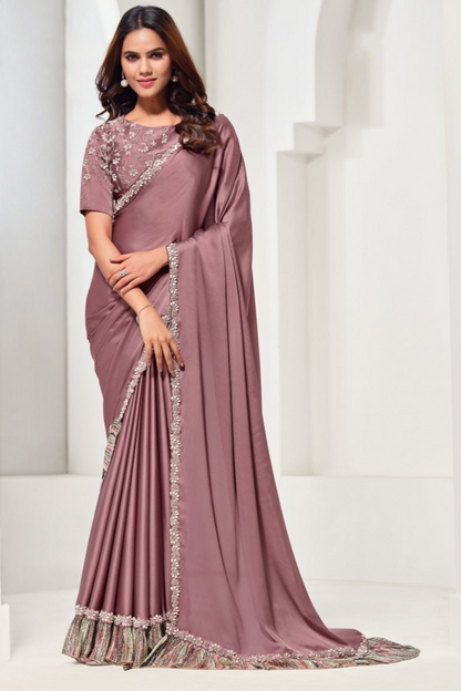 Chinon Silk Embroidery Worked Stitched Blouse With Plain Saree for Wedding Wear