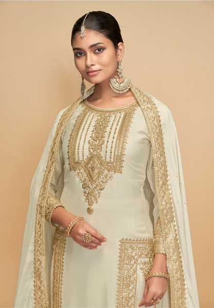 White Color Salwar Kameez With Embroidery Work For Evening Wear