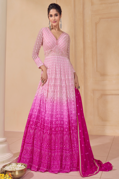 Pink Georgette Full Floor Length Anarkali Gown For Indian Festivals & Weddings - Embroidery Work