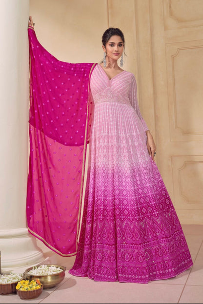 Pink Georgette Full Floor Length Anarkali Gown For Indian Festivals & Weddings - Embroidery Work