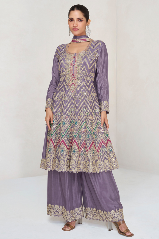 Heavy Emboidery Worked Lavender Color Salwar Kameez Stright Stitched Palazzo Dupatta Suit