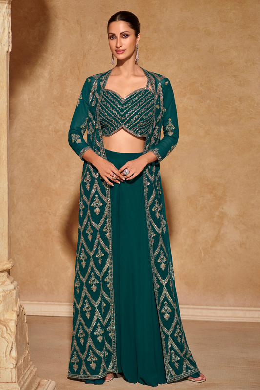 Beautiful Stylish Stitched Teal Blue Color Georgette Embroidery Shrug Style Salwar Kameez Palazzo