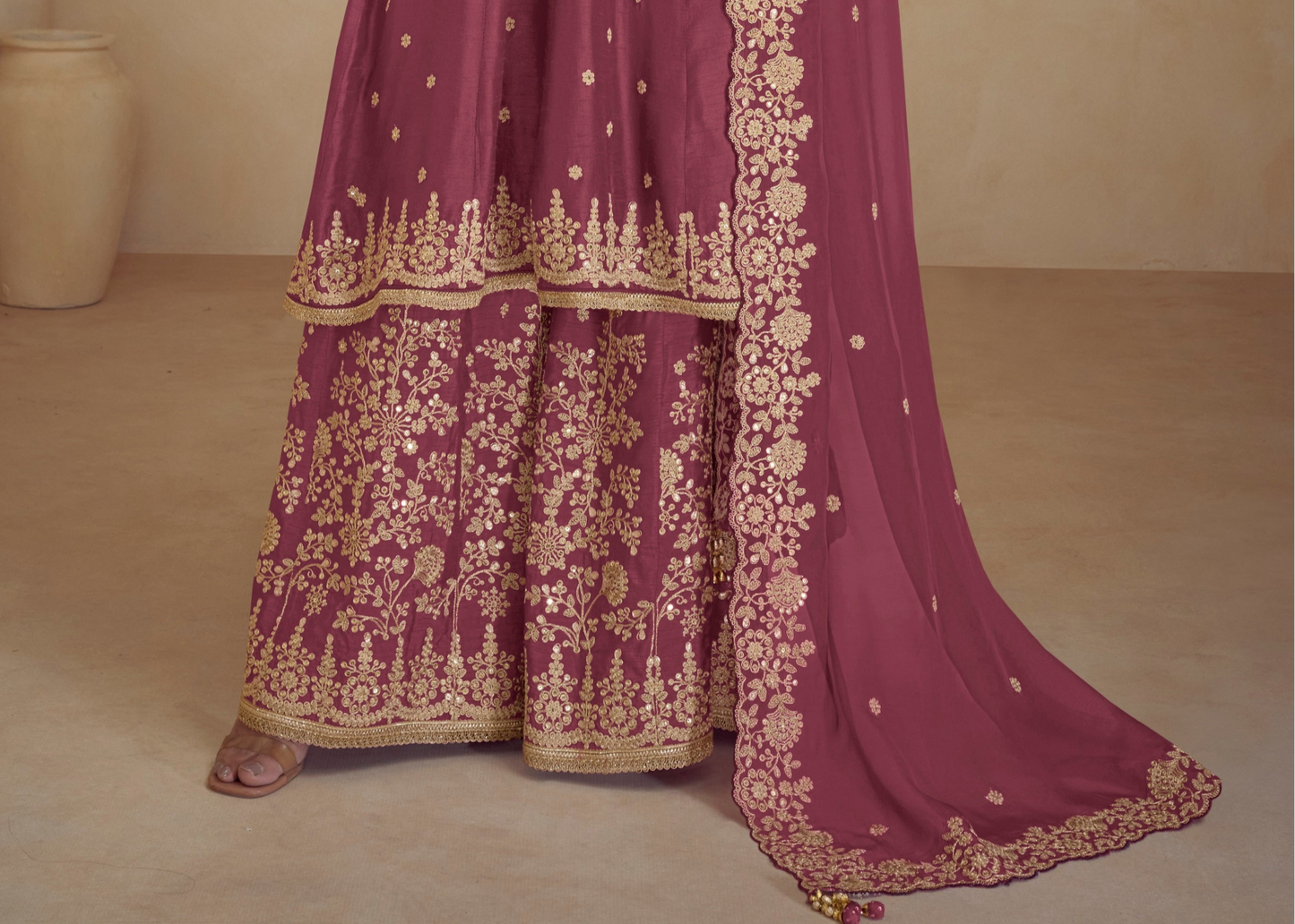 Burgundy chinon silk palazzo suit for Indian and Pakistani weddings