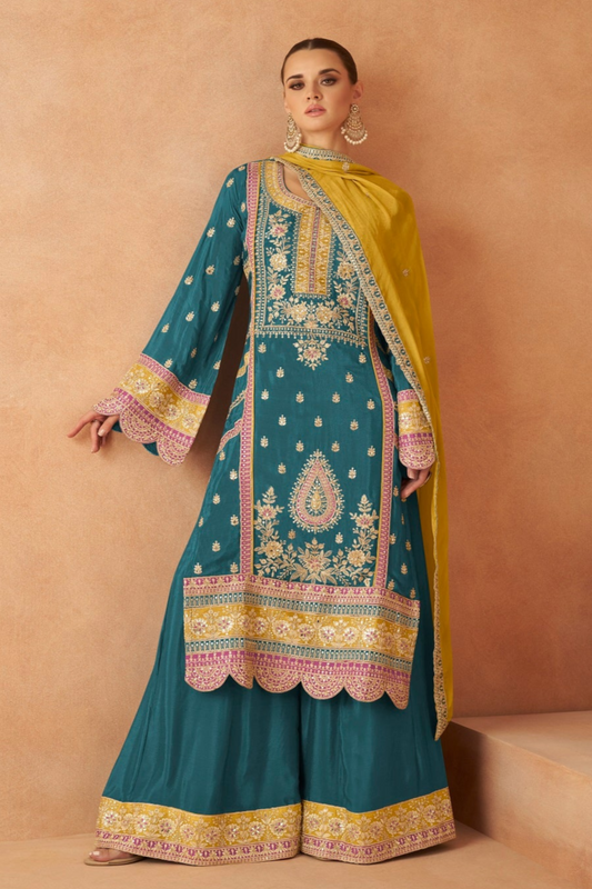 Embroidery Worked Ready Made Stitched Salwar Kameez Palazzo Dupatta Dresses