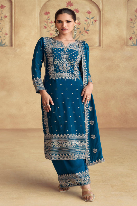 Women's Readymade Embroidered Readymade Suits with Pure Georgette Embroidered Unstitched Punjabi blue salwar suit Dress Material