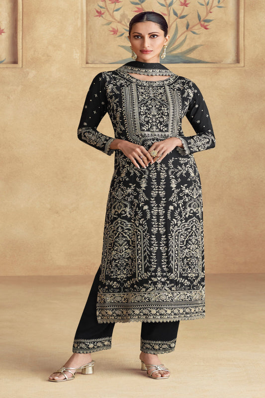 Women's Readymade Embroidered Readymade black Suits with Pure Georgette Embroidered Unstitched Punjabi salwar suit Dress Material (Copy)