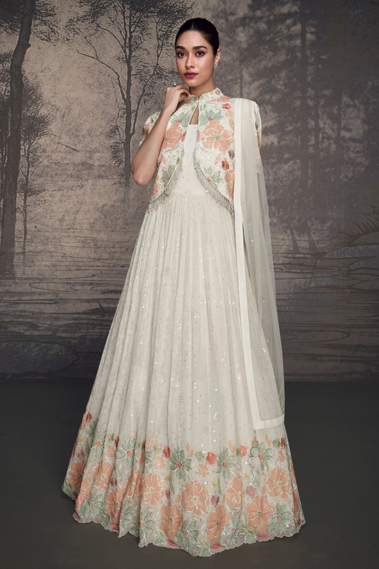 Georgette Fabric Full Flared Long Anarkali Gown Embroidery Worked White Color Beautiful Gown