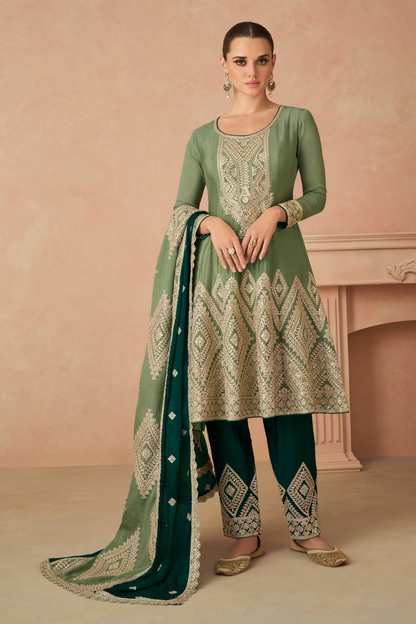 Mehendi Function Wear Green Color Designer Salwar Kameez Pant with Beautiful Embroidered Worked Dupatta