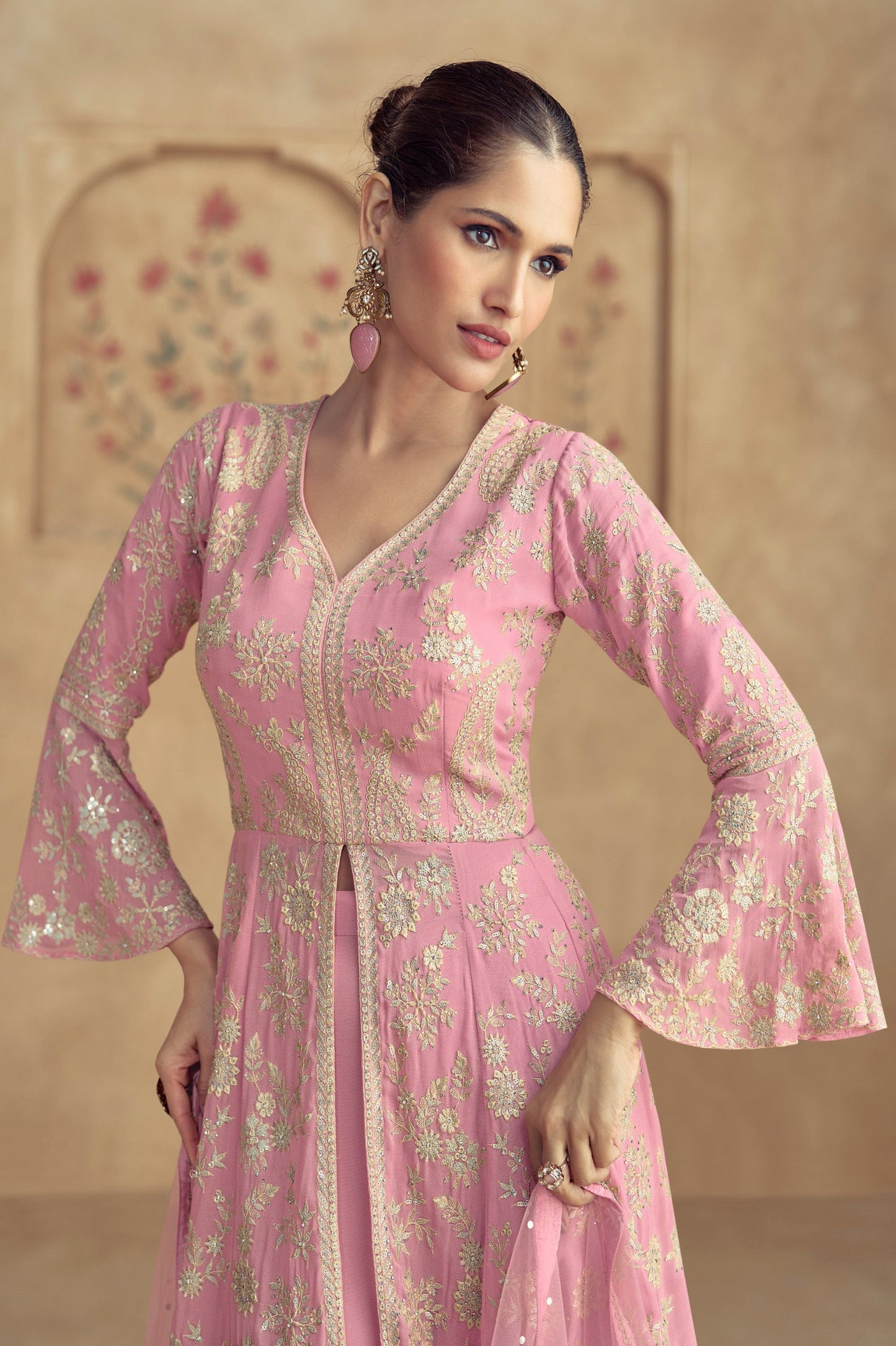 India Designer Pink Color Wedding Party Wear Heavy Worked Salwar Kameez Sharara Suits