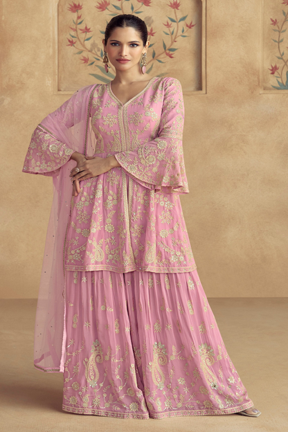 India Designer Pink Color Wedding Party Wear Heavy Worked Salwar Kameez Sharara Suits