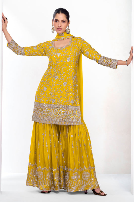 New Wedding Haldi Function Wear Yellow Color Salwar Kameez Sharara Plazzo Suits