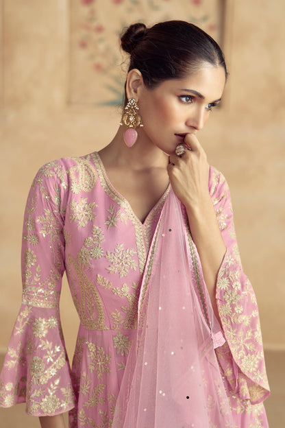 India Designer Pink Color Wedding Party Wear Heavy Worked Salwar Kameez Sharara Suits