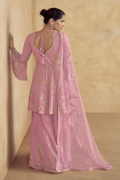 India Designer Pink Color Wedding Party Wear Heavy Worked Salwar Kameez Sharara Suits