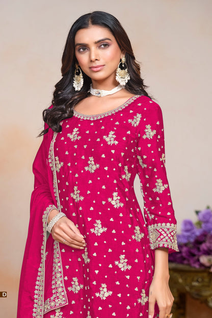 Real dark pink chinnon silk INDIAN-PAKISTANI party wear salwar kameez plazzo