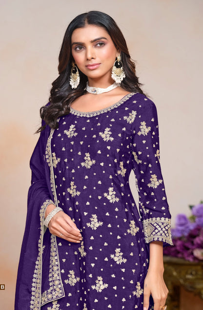 Elegant purple chinnon silk INDIAN-PAKISTANI party wear salwar kameez plazzo