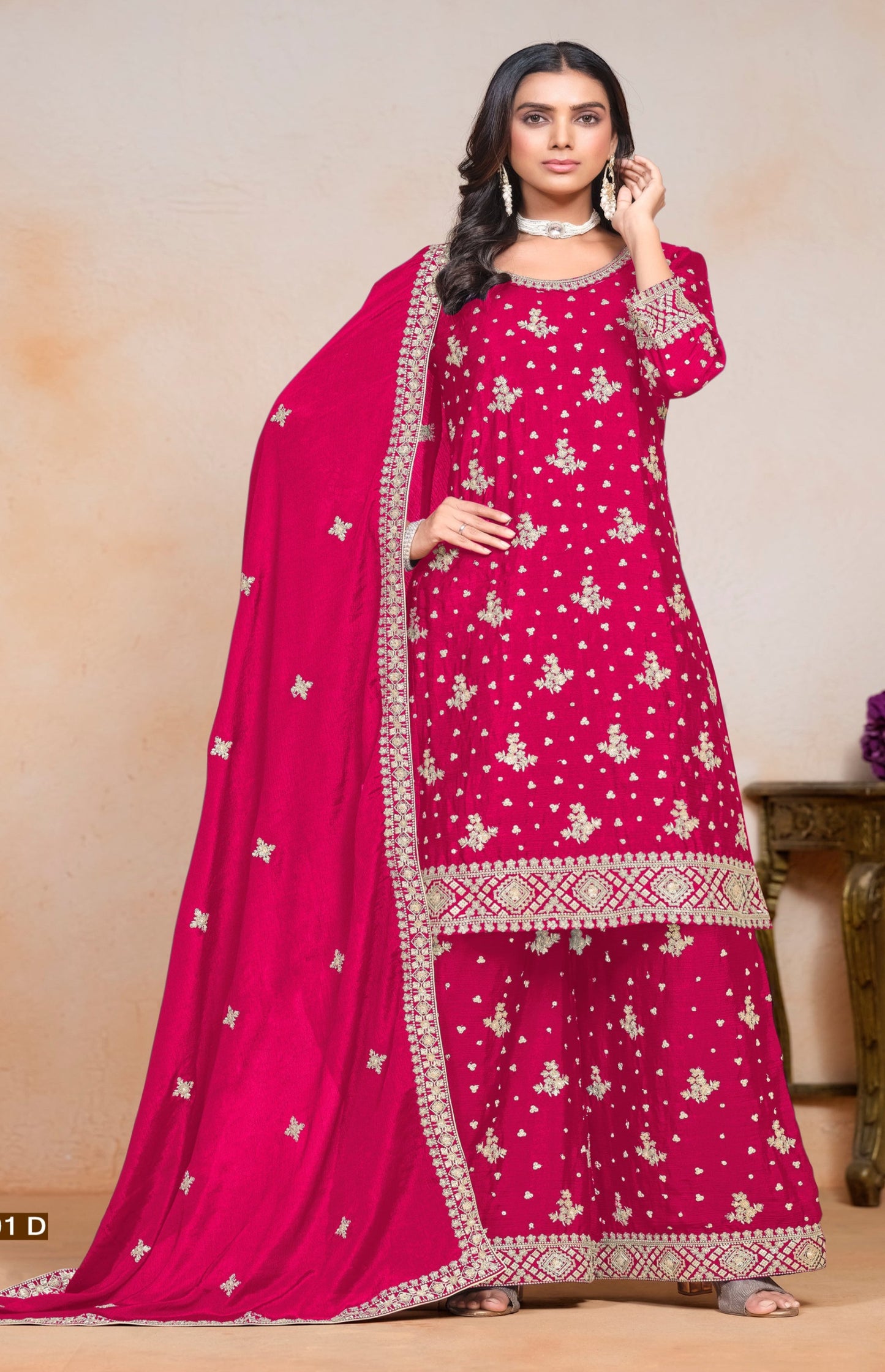 Real dark pink chinnon silk INDIAN-PAKISTANI party wear salwar kameez plazzo