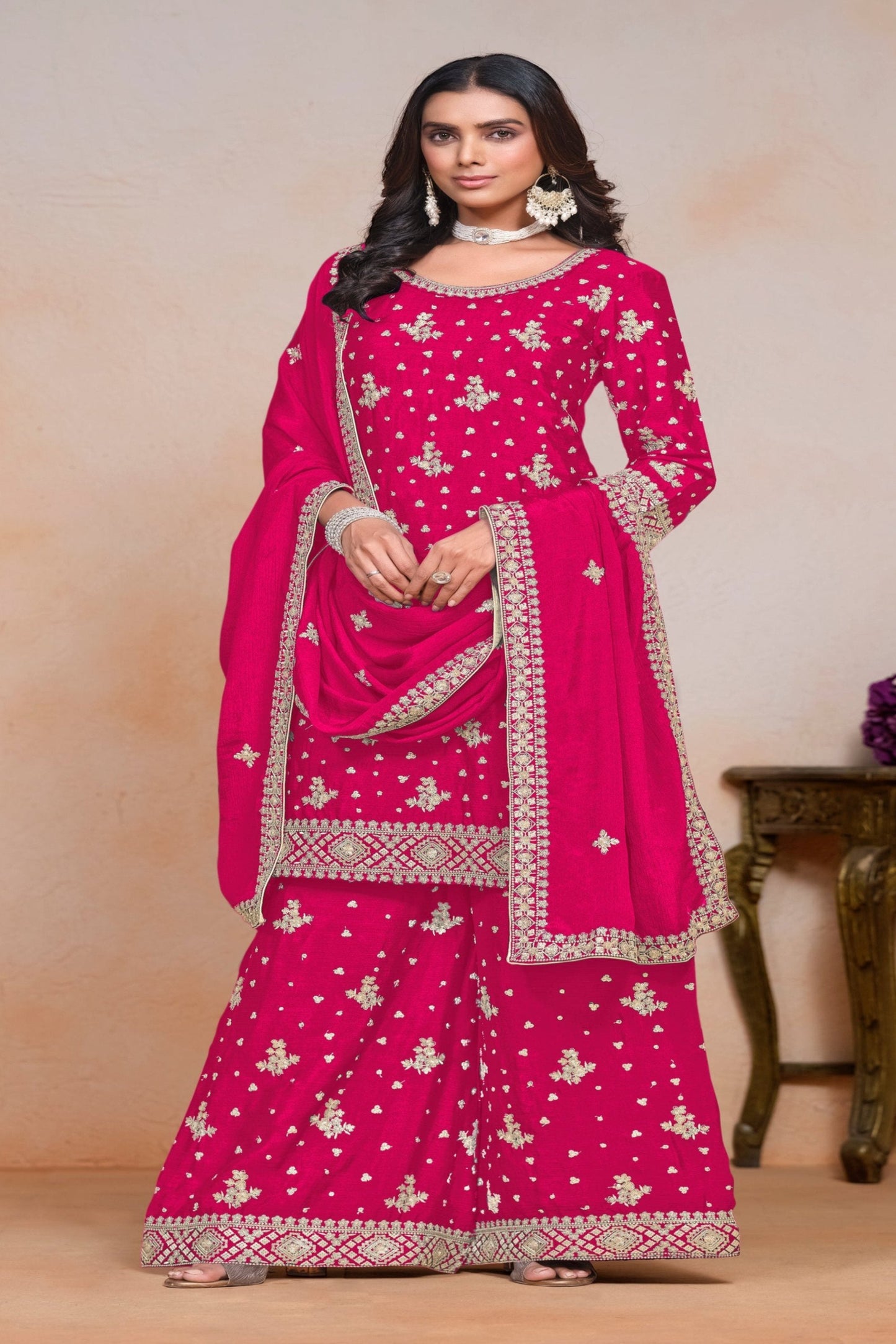 Real dark pink chinnon silk INDIAN-PAKISTANI party wear salwar kameez plazzo