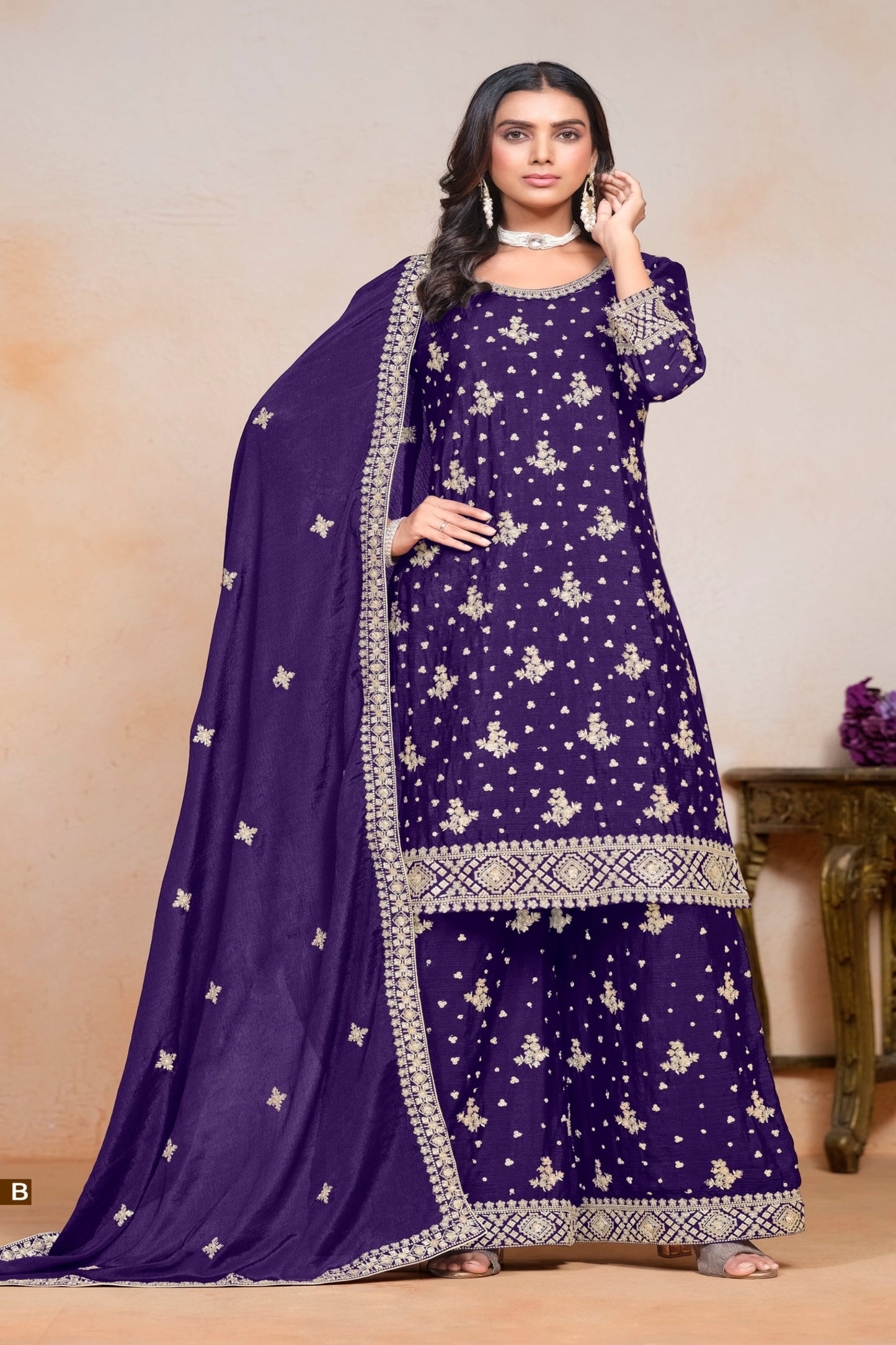 Elegant purple chinnon silk INDIAN-PAKISTANI party wear salwar kameez plazzo