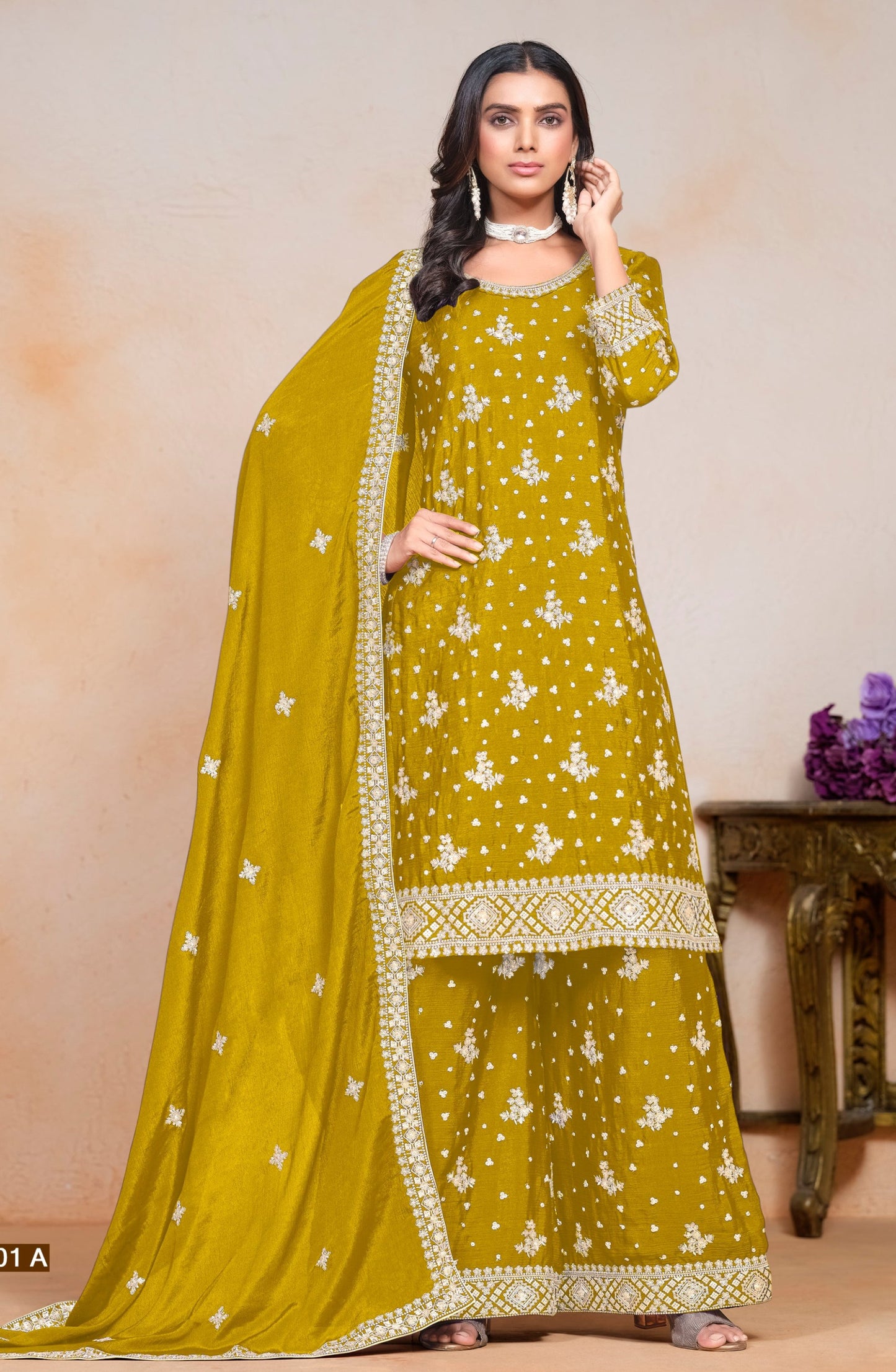 Real yellow chinnon silk INDIAN-PAKISTANI party wear salwar kameez