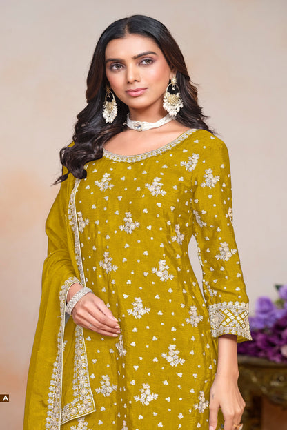 Real yellow chinnon silk INDIAN-PAKISTANI party wear salwar kameez