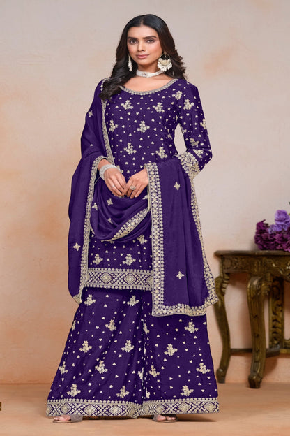 Elegant purple chinnon silk INDIAN-PAKISTANI party wear salwar kameez plazzo