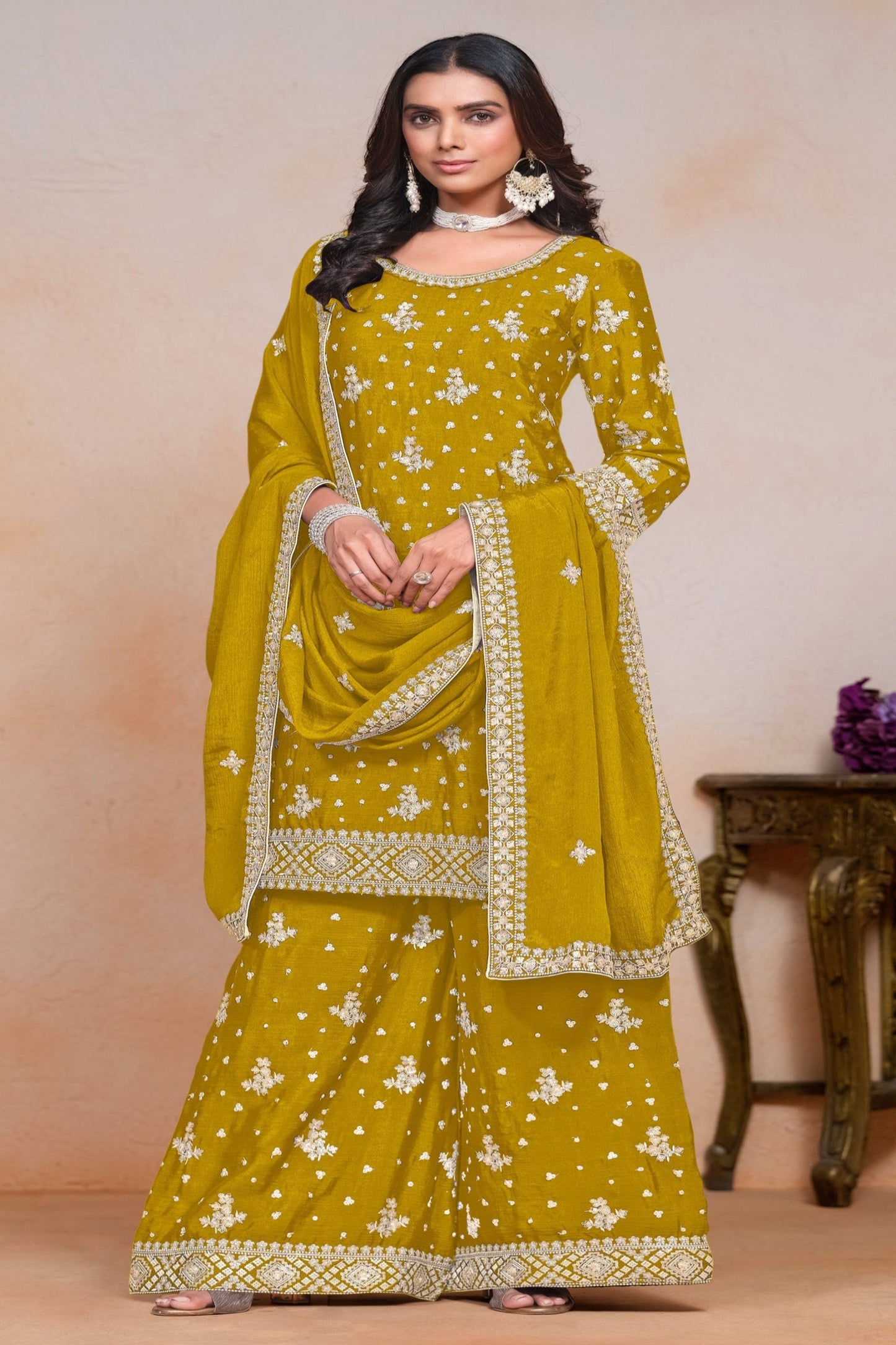 Real yellow chinnon silk INDIAN-PAKISTANI party wear salwar kameez