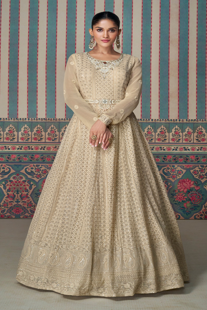 Georgette Fabric Full Flared Anarkali Dress Chikankari Embroidery Worked Beautiful Gown