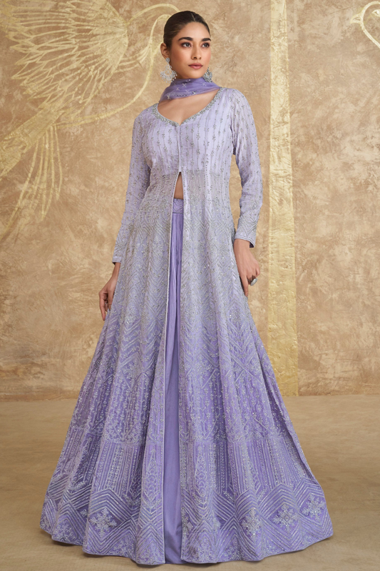 Georgette Full Floor Embroidery Worked Lavender Color Stitched Long Anarkali Dupatta Gown