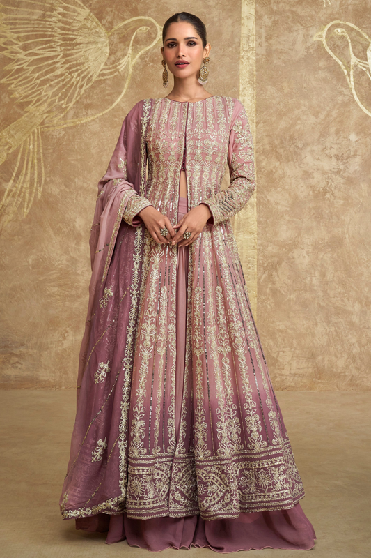 Indian Wedding Function Party Wear Stylish Embroidery Work Long Anarkali Dupatta Gown