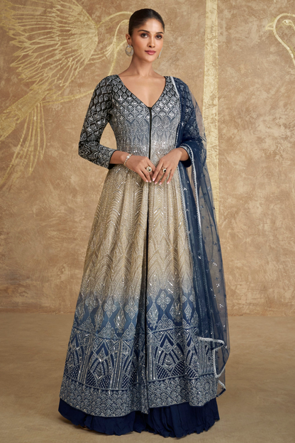 Beautiful Ready to Wear Blue Color Rokah Nikah Function Party Anarkali Dupatta Gown Suit