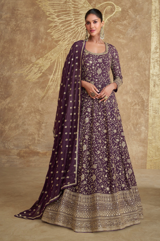 Royal Purple Color Gorgeous Anarkali Gown Indian Women's Traditional Wear Gown Suits